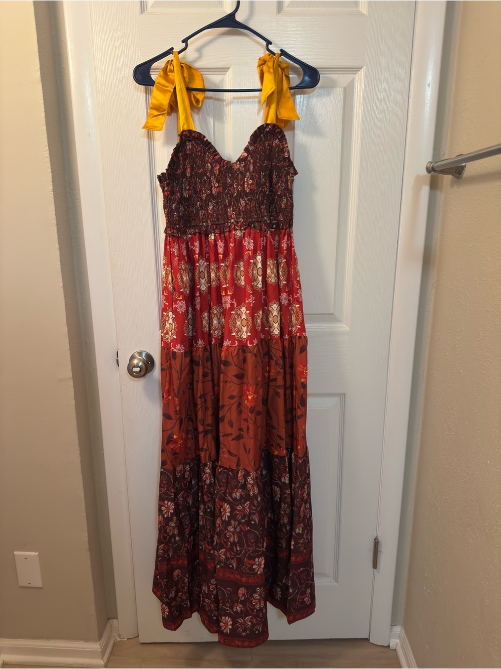 Boho Tiered Maxi Dress with Tie Straps - Red & Rust